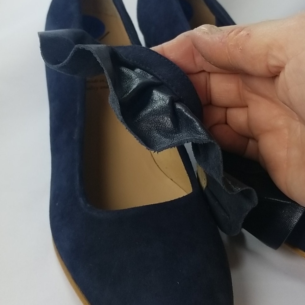 Anthropologie Kmb Navy Blue Suede Ruffle Heels Coquette Romantic Heels - Picture 6 of 11